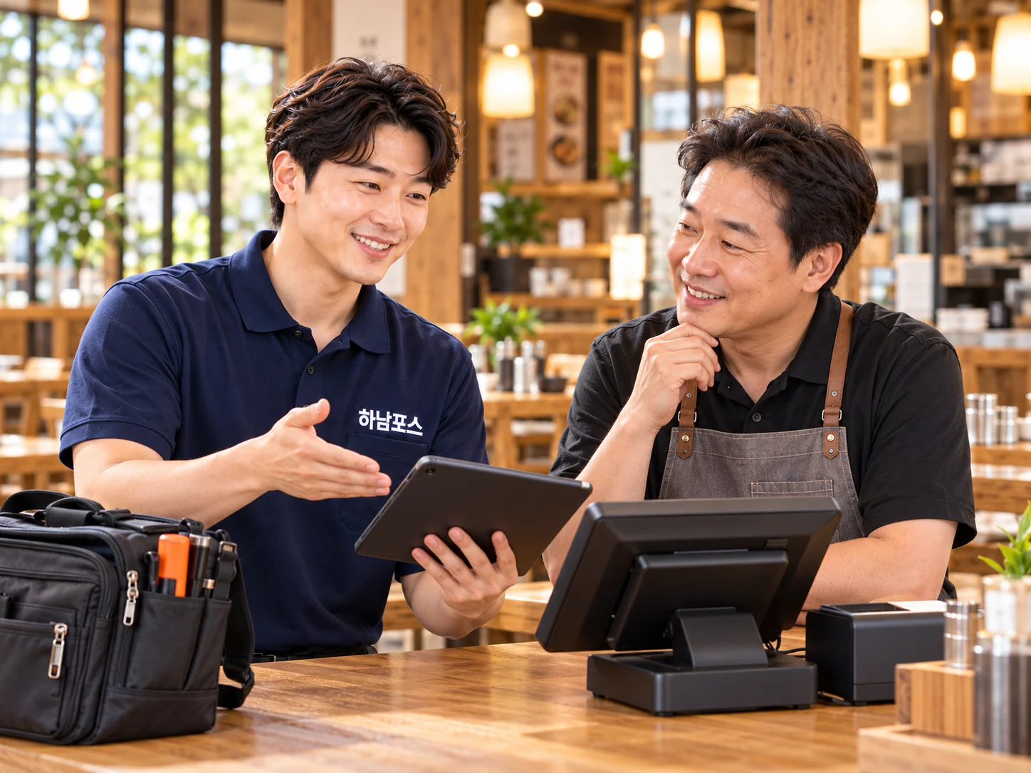 업주에게 포스 사용과 설치를 친절히 안내하는 하남포스 남자 현장 엔지니어. 서비스 연출 이미지.